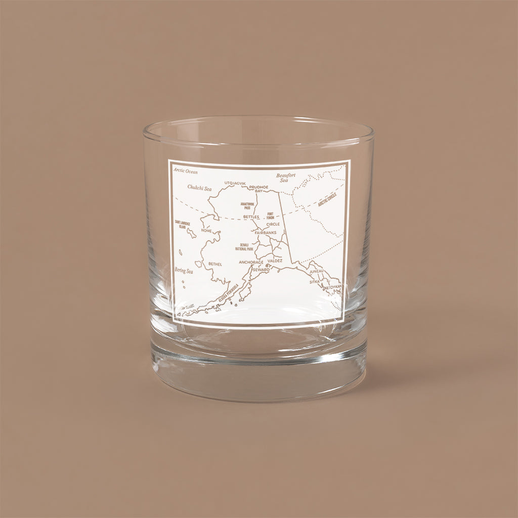 NARBO THE BLOCK 11oz whisky rocks DOF glass with Alaska state map design