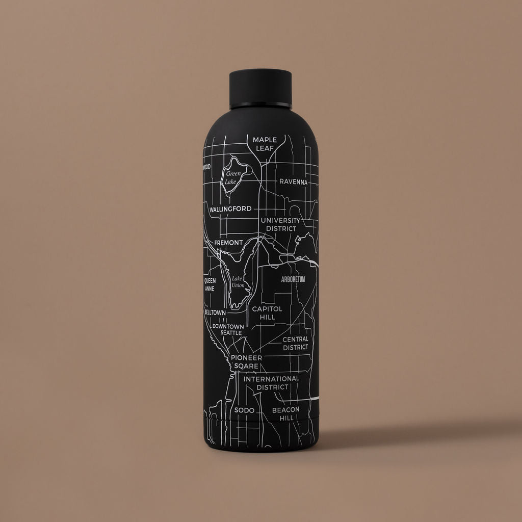 NARBO 25oz double wall stainless steel thermo water bottle with premium silicone surface finish and Seattle, WA map etching design