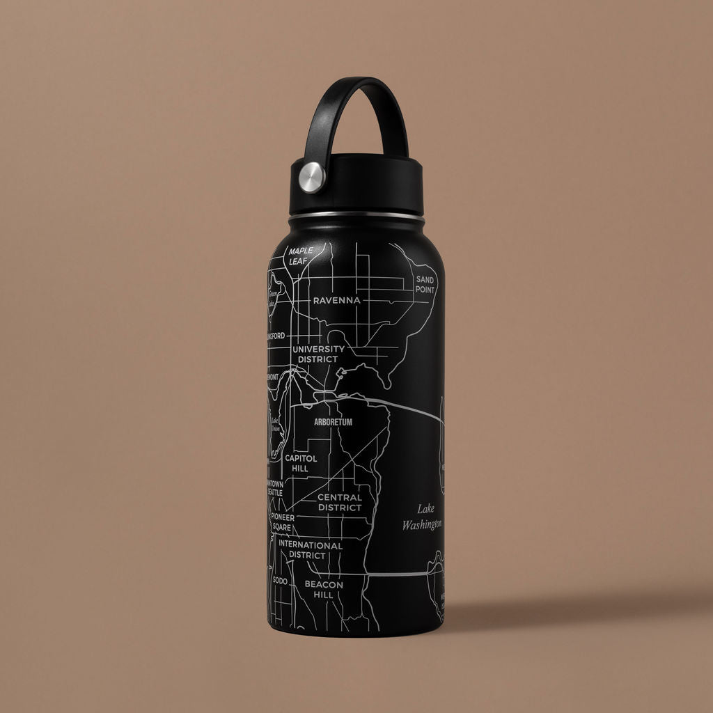 NARBO 32oz double wall stainless steel thermo water bottle with premium powder coating finish and Seattle, WA map etching design