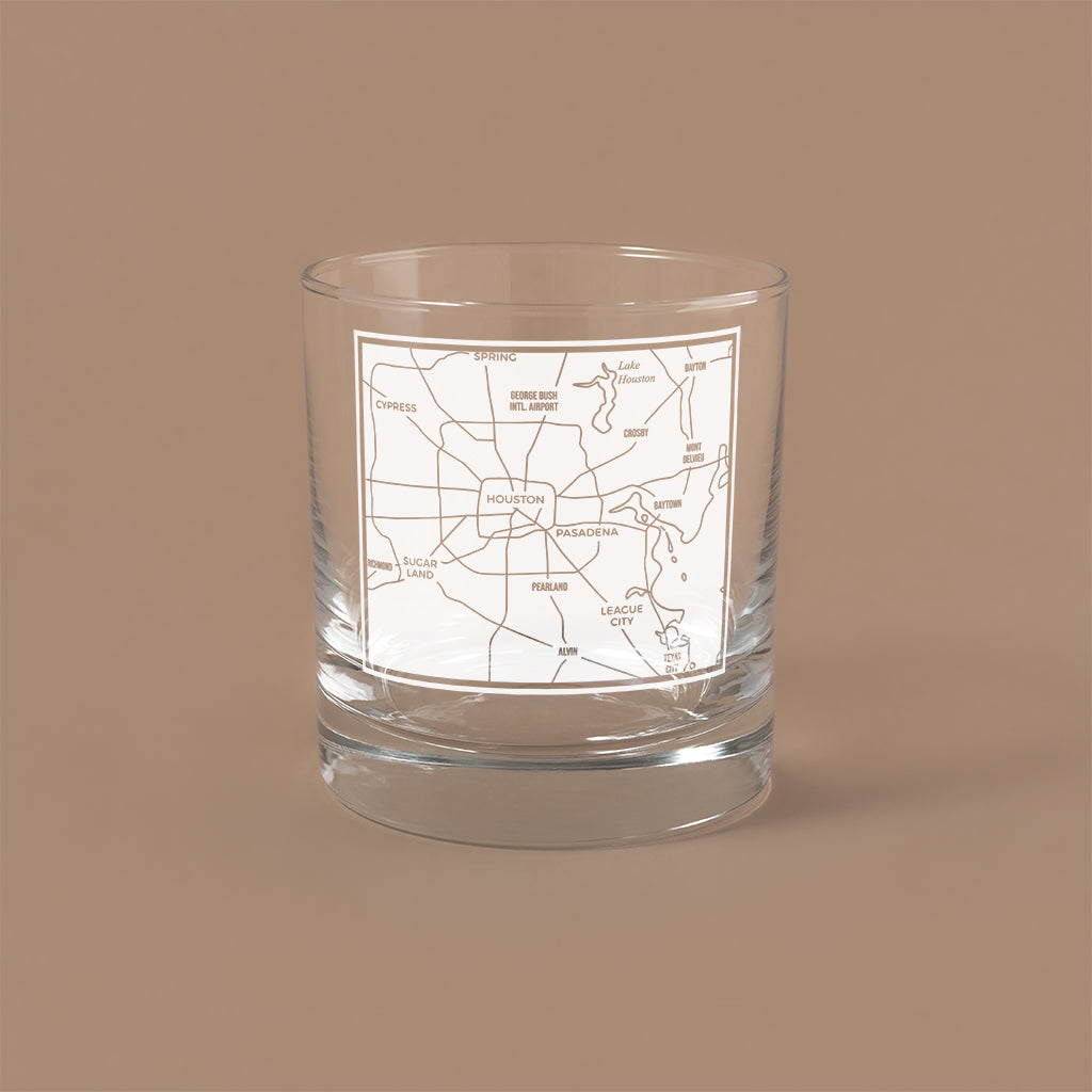 NARBO THE BLOCK 11oz whisky rocks DOF glass with Houston, TX map design