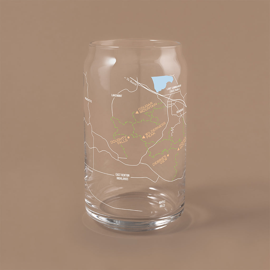 NARBO THE CAN beer can shaped drinking glass with Issaquah Alps trail map Drinking Glass, 16oz