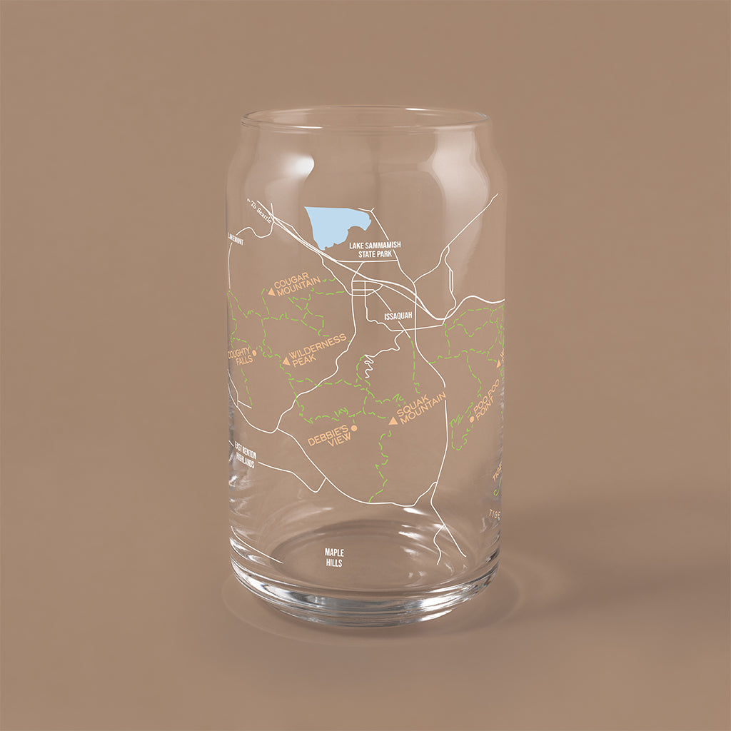 NARBO THE CAN beer can shaped drinking glass with Issaquah Alps trail map Drinking Glass, 16oz