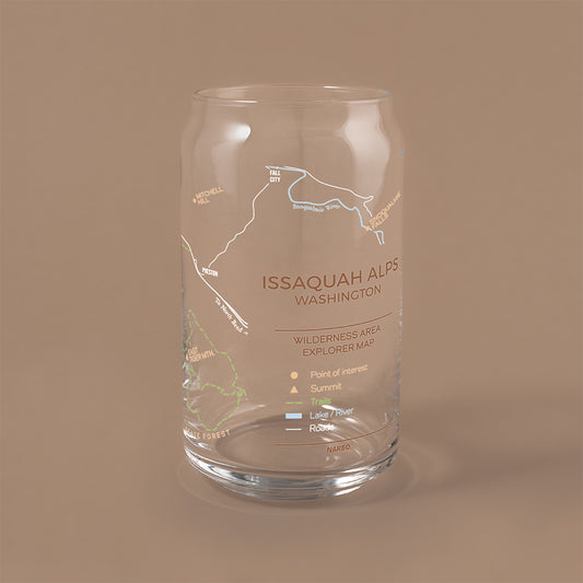 NARBO THE CAN beer can shaped drinking glass with Issaquah Alps trail map Drinking Glass, 16oz