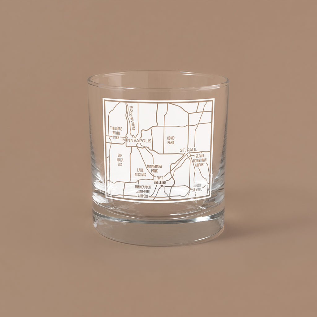 NARBO THE BLOCK 11oz whisky rocks DOF glass with Minneapolios, MN map design