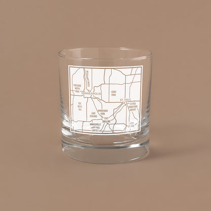 NARBO THE BLOCK 11oz whisky rocks DOF glass with Minneapolios, MN map design