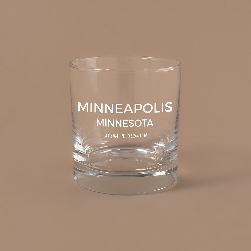 NARBO THE BLOCK 11oz whisky rocks DOF glass with Minneapolios, MN map design