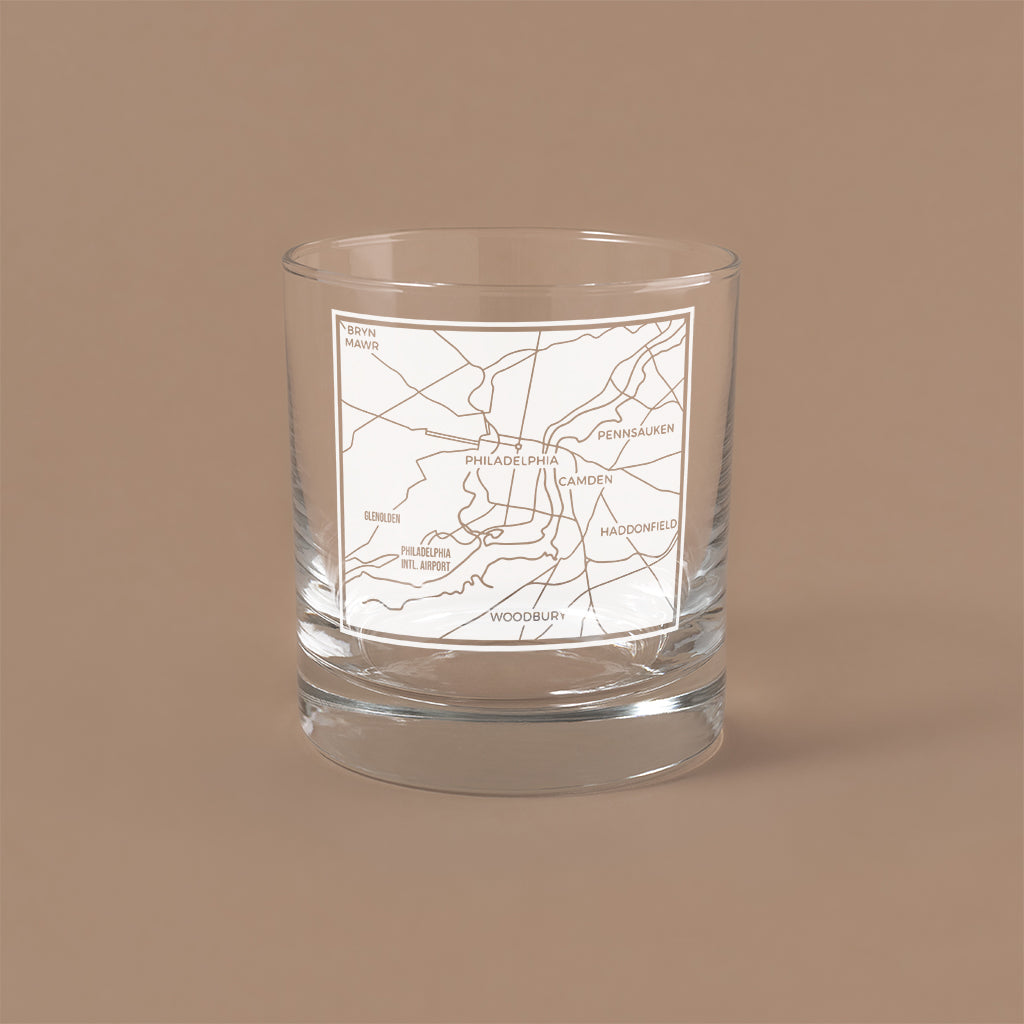 NARBO THE BLOCK 11oz whisky rocks DOF glass with Philadelphia, PA map design